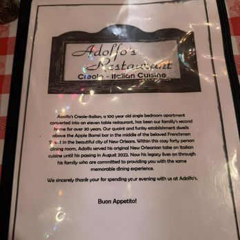 Adolfo's - History on restaurant - Seafood Near Me - New Orleans, Louisiana