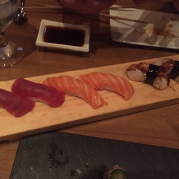 Kata Robata - Sushi! Left to right: Tuna, Fresh Salmon and Foie Gras & Scallops! Highly recommend all! - Sushi Bars Near Me - Houston, Texas