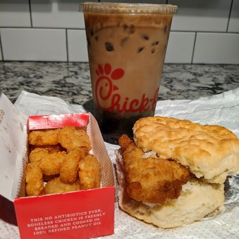 Chick-fil-A - Chicken biscuit breakfast meal with hash browns and a large vanilla iced coffee. $7.08 after tax. - Fast Food Near Me - Durham, North Carolina