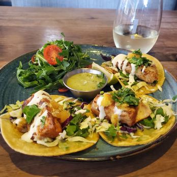 Eureka! - Fish tacos are a great lunch with a glass of Pinot Gris from J Vineyards. Wine half price on Tuesdays. - American Near Me - Concord, California