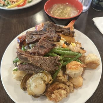 Mizumi - LA Galbi, seared scallops, fried soft shell crabs, shrimps tempura, string beans, seafood fried rice, shao mai, pan seared Chilean Sea bass. - Sushi Bars Near Me - Little Neck, New York Mizumi - LA Galbi, seared scallops, fried soft shell crabs, shrimps tempura, string beans, seafood fried rice, shao mai, pan seared Chilean Sea bass. - Sushi Bars Near Me - Little Neck, New York