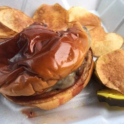 Olde School Deli - Bison burger - juicy & tasty! Home made chips, too!