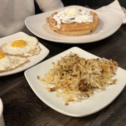 1860 Public House - Cheesecake waffles, eggs, and hashbrowns