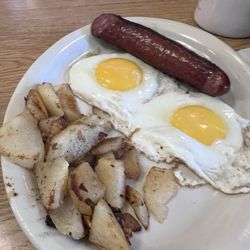 Robin Hood Diner - Fried eggs with house fries and kielbasa.