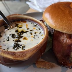Crockett’s Public House - The Bacon Bacon Burger w/ Cup Creamy Sausage and Kale soup!
