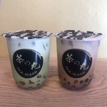 Tea Maru - Left: uji matcha with strawberry boba Right: Okinawa milk tea with mixed boba - Bubble Tea Near Me - San Gabriel, California