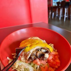 Beth's Burger Bar - A beef and blue burger single burger bowl with a runny egg  and mustard on top.