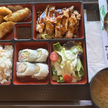Sushiya Express - teriyaki chicken bento (miso soup, california roll, teriyaki chicken, fried dumplings, salad, tempura sauce, rice, furkake) - Japanese Near Me - Goleta, California Sushiya Express - teriyaki chicken bento (miso soup, california roll, teriyaki chicken, fried dumplings, salad, tempura sauce, rice, furkake) - Japanese Near Me - Goleta, California
