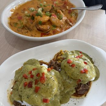 The Pan - Shrimp n Grits & Short Rib Benedict (poached eggs) - Breakfast & Brunch Near Me - Torrance, California The Pan - Shrimp n Grits & Short Rib Benedict (poached eggs) - Breakfast & Brunch Near Me - Torrance, California
