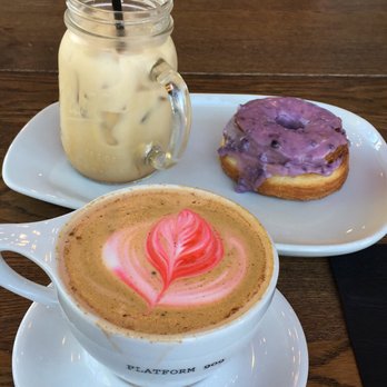 Platform 909 - Iced platform special, hot Spanish latte, and blueberry cronut - Coffee & Tea Near Me - Chino Hills, California Platform 909 - Iced platform special, hot Spanish latte, and blueberry cronut - Coffee & Tea Near Me - Chino Hills, California