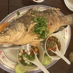 Fried whole fish w tamarind and lime sauces Fried whole fish w tamarind and lime sauces