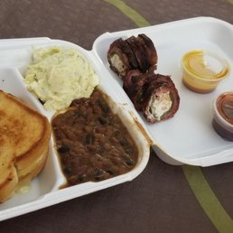 Brisket grilled cheese with pit beans, tater salad and an armadillo egg! Brisket grilled cheese with pit beans, tater salad and an armadillo egg!