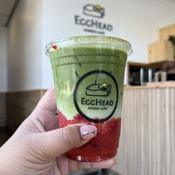 Egghead Sando Cafe - Strawberry Matcha Latte with Oat Milk - Sandwiches Near Me - San Jose, California