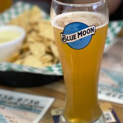 Salty Pint - Chips and Queso paired with a Blue Moon.