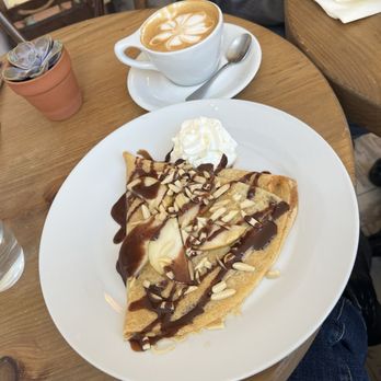 Crêpes Choupette - Cappuccino and sweet crepe Hugette (pear, chocolate, almonds) - delicious! - Creperies Near Me - Darien, Connecticut
