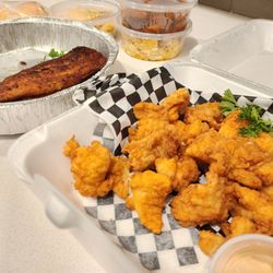 Southern Kitchen - Catfish Bites; Blackened Catfish; Mac N Cheese × 2; Candied Yams; Cornbread Muffins