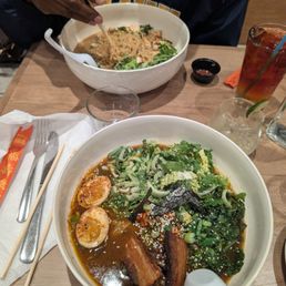 Spicy miso with crispy pork on my side and veggie ramen for my husband. Spicy miso with crispy pork on my side and veggie ramen for my husband.