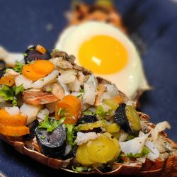 Chef Paul's Personal Chef Service - Stuffed Lobster salad for Breakfast with pan seared Salmon and sunny egg.