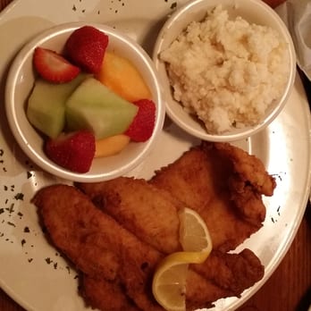 Saluda River Grill - Fried Catfish with Grits and Fruit - New American Near Me - Piedmont, South Carolina Saluda River Grill - Fried Catfish with Grits and Fruit - New American Near Me - Piedmont, South Carolina