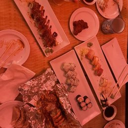 Haka Haka roll. Goyza plate. sweet and sour hot wings appetizer. California roll, Seahawks roll, Crab roll, Rainbow roll.