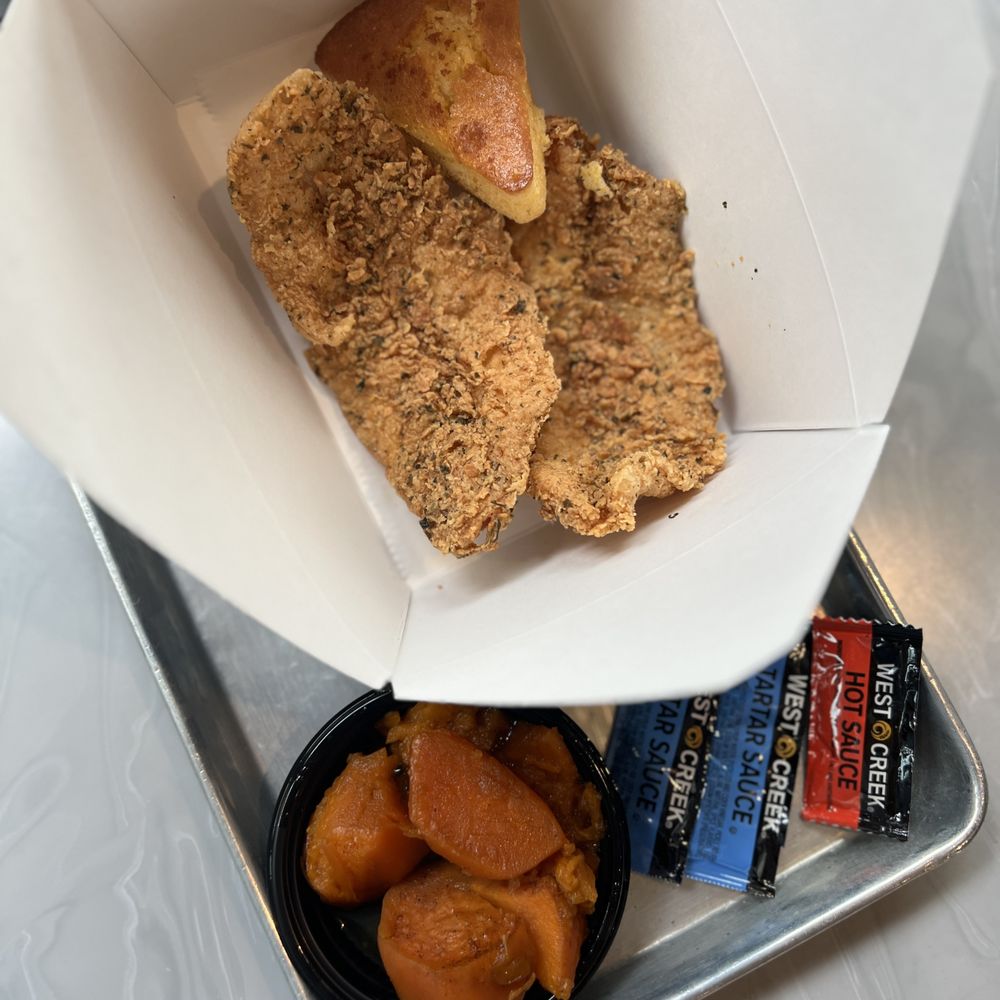 Cornbread Brooklyn - 2pc Fried Catfish Meal with candied yams & cornbread (~$19) - Soul Food Near Me - Brooklyn, New York Cornbread Brooklyn - 2pc Fried Catfish Meal with candied yams & cornbread (~$19) - Soul Food Near Me - Brooklyn, New York