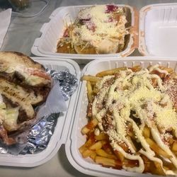 Martins Coffee Cafe - Honduran Tacos, Torta De Res, & Fries w/ Mayo, Ketchup, & Cheese.