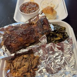 Pulled pork, ribs, baked beans, collards