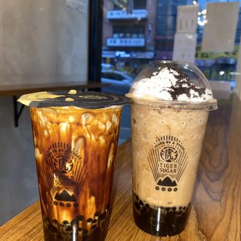 Tiger Sugar - Brown sugar S1 Brown Sugar Milk with Boba, Pearl & Cream Mousse and Brown Sugar Chocolate Slushie - Bubble Tea Near Me - New York, New York Tiger Sugar - Brown sugar S1 Brown Sugar Milk with Boba, Pearl & Cream Mousse and Brown Sugar Chocolate Slushie - Bubble Tea Near Me - New York, New York