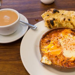 Huevos al Plato (Baked Eggs) with Chorizo; Sourdough Flatbread; Breakfast Tea