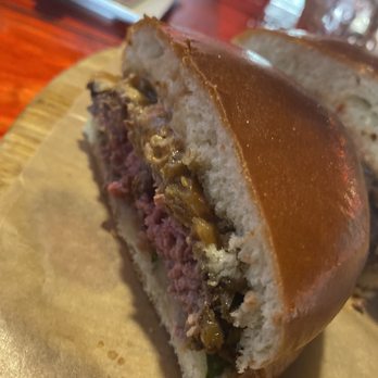 Salty Sow - The cut of my Ranger Cattle Wagyu Burger, cooked perfect - American Near Me - Austin, Texas Salty Sow - The cut of my Ranger Cattle Wagyu Burger, cooked perfect - American Near Me - Austin, Texas