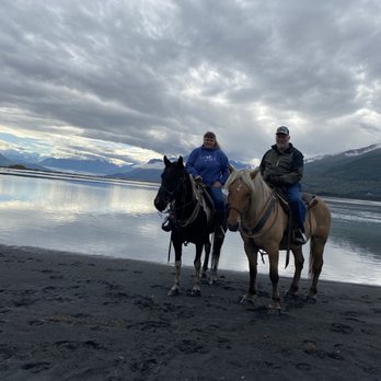 Alaska Horse Adventures - Us with our horses Sheba( black/white horse) and Nikita( palomino) - Horseback Riding Near Me - Palmer, Alaska