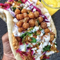 Hummus Republic - Pita Taco!!! All the fixings and more ...what's that on top? That's roasted garbanzo beans.