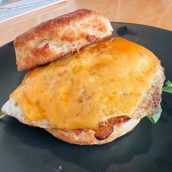Forage Coffee - Breakfast Biscuit with crispy pork, arugula, fried egg & CHEESE - Coffee & Tea Near Me - Medford, Oregon