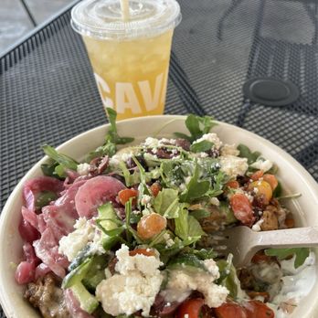 Cava - Greek salad with pickles and a tea. - Mediterranean Near Me - Long Beach, California