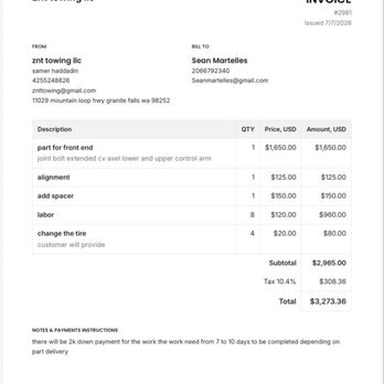 Znt Towing - Invoice of $3300 charged. - Towing Near Me - Lake Stevens, Washington Znt Towing - Invoice of $3300 charged. - Towing Near Me - Lake Stevens, Washington