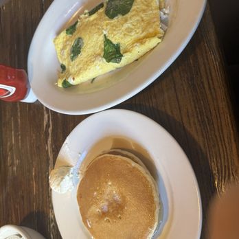 Compton's Pancake House - 3 Piece Short Stack Pancakes  Feta Cheese and Spinach Omelette with mozzarella - Breakfast & Brunch Near Me - Stroudsburg, Pennsylvania