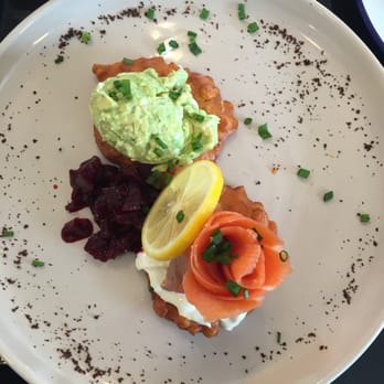 Daniel Son - Corn fritters with avocado, smoked salmon + beetroot relish. AMAZEBALLS! All day breakfast menu, YES!!!! - Coffee & Tea Near Me - Murrumbeena, VIC