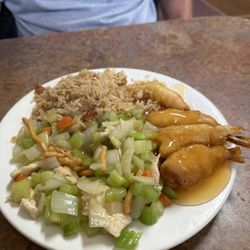 Lunch combo 4 prawns, chicken chow mein and fried rice