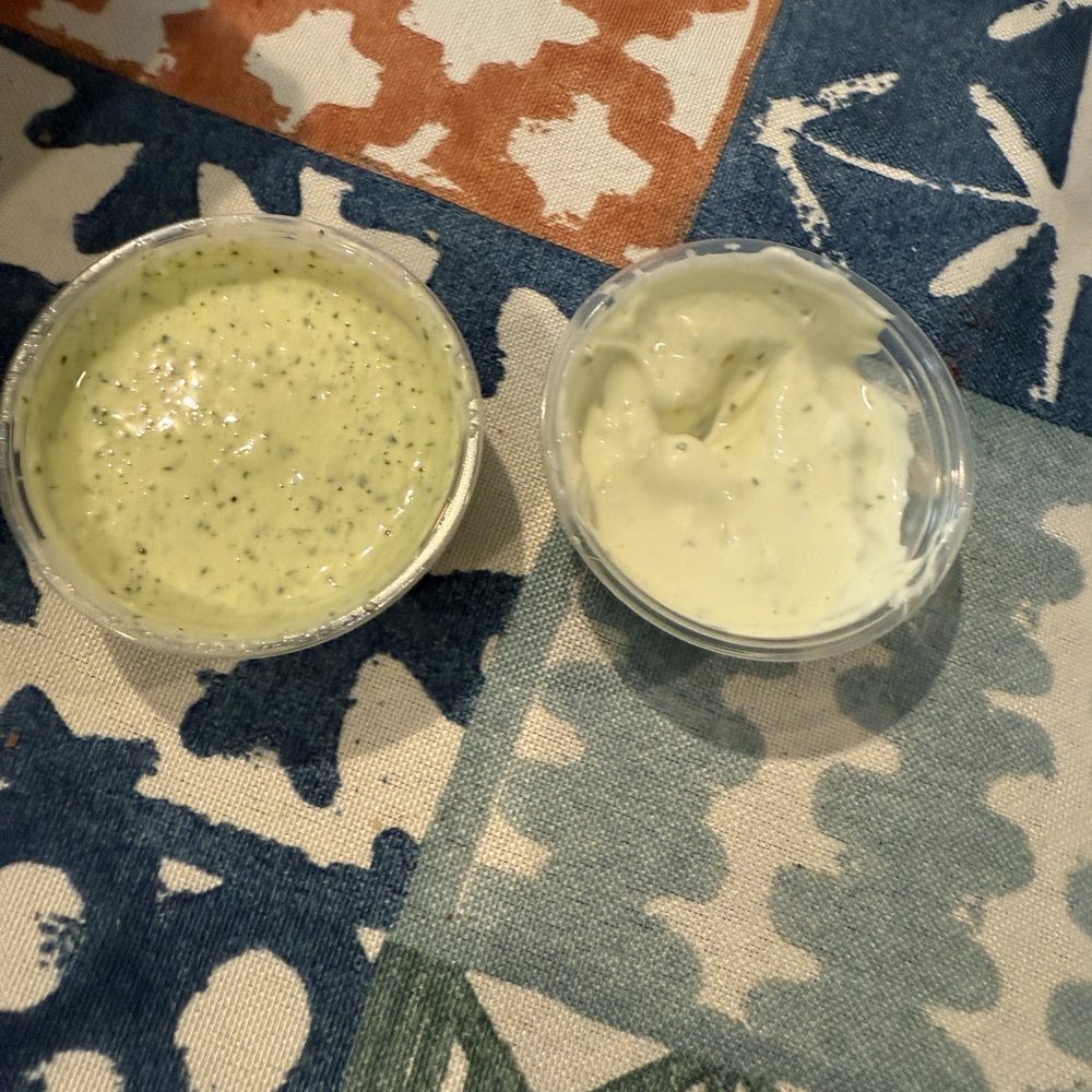 Munchie sauce on the left and Thick Ranch on the right. Munchie sauce on the left and Thick Ranch on the right.