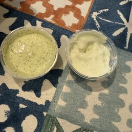 Munchie sauce on the left and Thick Ranch on the right. Munchie sauce on the left and Thick Ranch on the right.