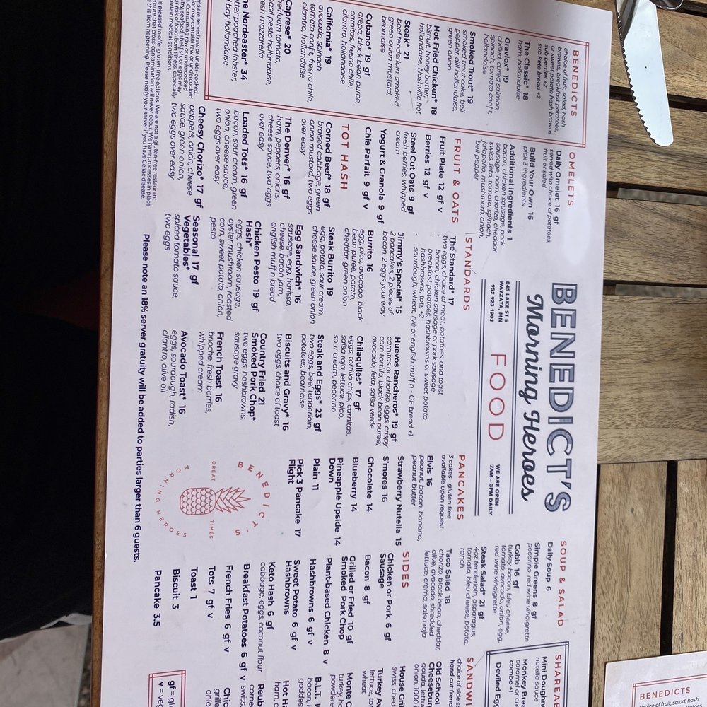 Benedict's - Menu front - Breakfast & Brunch Near Me - Wayzata, Minnesota