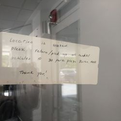 Thrifty Car Rental - Handwritten sign telling you that if you need to pick up or return a car you're out of luck.
