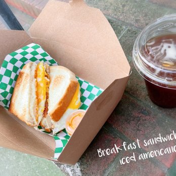 The Richfield - Breakfast sandwich consisted of bacon, egg, cheese on Texas toast (or Hawaiian rolls); iced americano. - Coffee & Tea Near Me - San Francisco, California The Richfield - Breakfast sandwich consisted of bacon, egg, cheese on Texas toast (or Hawaiian rolls); iced americano. - Coffee & Tea Near Me - San Francisco, California
