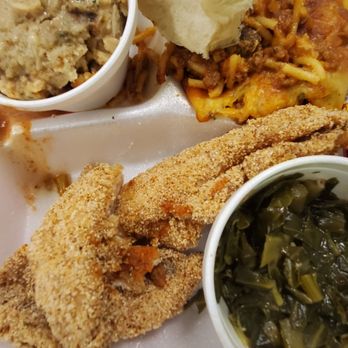 Sally T’s Cafe & Cupcakes - Fried Carfish, spaghetti, dressing with gravy, collared greens, dinner roll - Soul Food Near Me - Montgomery, Alabama Sally T’s Cafe & Cupcakes - Fried Carfish, spaghetti, dressing with gravy, collared greens, dinner roll - Soul Food Near Me - Montgomery, Alabama