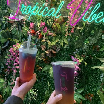 Tropical Vibes - Strawberry and Blue Passion, both with popping pearls added - Bubble Tea Near Me - Salinas, California