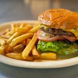 Jim & Rob's Fresh Grill - Grass-fed Watkins Ranch beef Cheeseburger and Fries at Jim & Rob's Fresh Grill Ojai and Lisa's Cantina