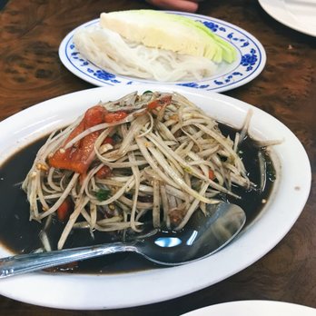 Vientian Cafe - Lao style papaya salad. Got 3 peppers, was not spicy at all, but still super yummy! - Vietnamese Near Me - Oakland, California Vientian Cafe - Lao style papaya salad. Got 3 peppers, was not spicy at all, but still super yummy! - Vietnamese Near Me - Oakland, California