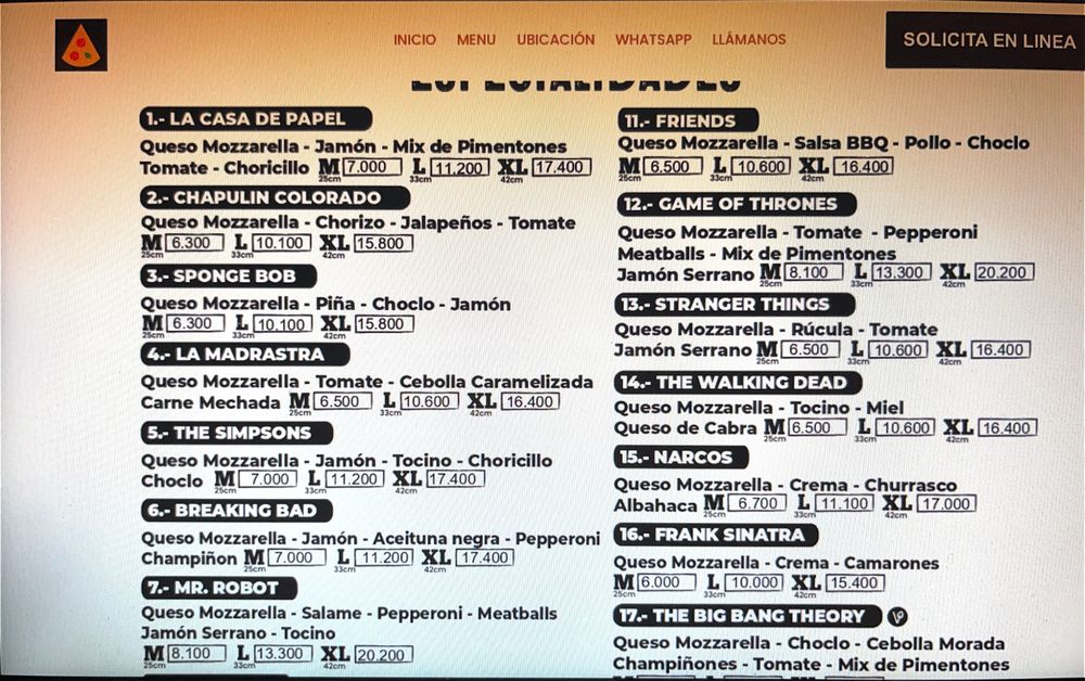 Pizza Society - Pizzas de series, en base a la tabla anterior de precios, se sugieren ingredientes - menu - Pizzería Near Me - Santiago, RM