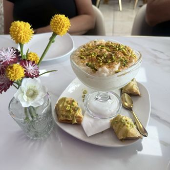 Dvine Mediterranean Experience - Long Beach - Rice pudding and Baklava on the house from our wonderful server - Mediterranean Near Me - Long Beach, California