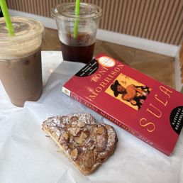 Almond croissant, iced chai, cold brew Almond croissant, iced chai, cold brew